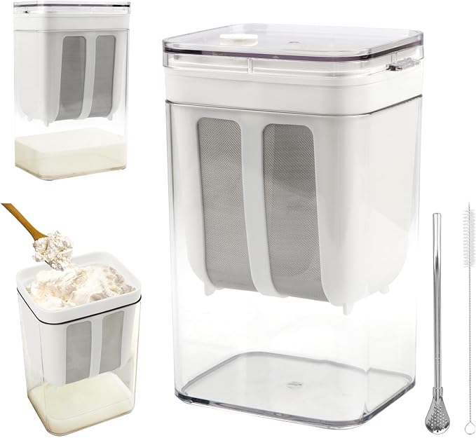 Greek Yogurt Strainer & Maker Container – Airtight with Dual Mesh Filter, Stirring Stick & Cleaning Brush