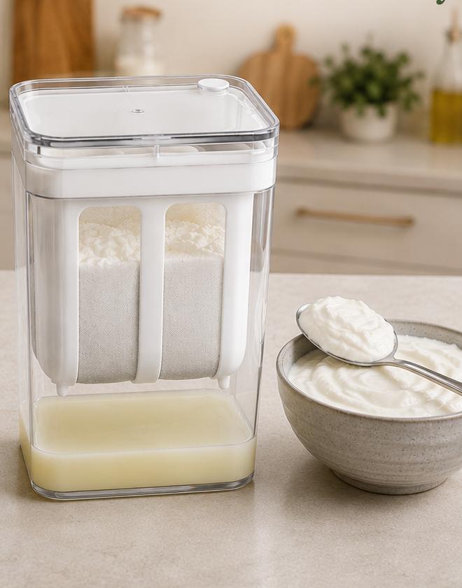 Yogurt straining in the strainer